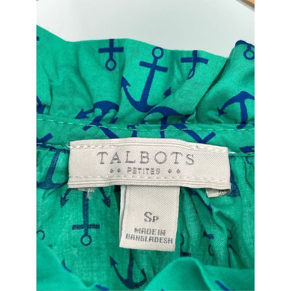 Talbots Tank Top Women Small Petite Green Blue Anchor Ruffle Neck Button Up - Picture 3 of 12